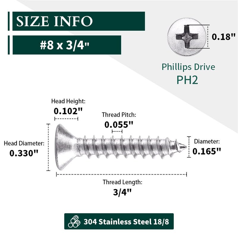 EASTLO #8 x 3/4" (100 pcs) Flat Head Sheet Metal Screws, 304 Stainless Steel (18-8), Phillips Drive, Self Tapping, Corrosion Resistant Screws for Wood, Sheet Metal and More - Image 2